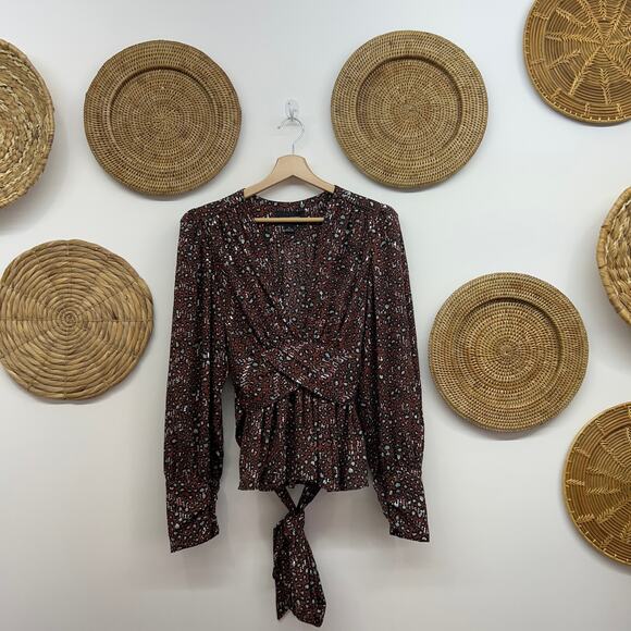 $229 Sabina Musayev Red Silver Shimmer V-Neck Tie Back Long Sleeve Blouse Medium - Picture 1 of 7